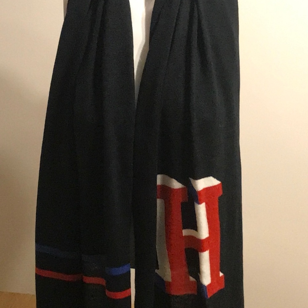 Tommy Hilfiger Navy Scarf with Red and White Letter H.